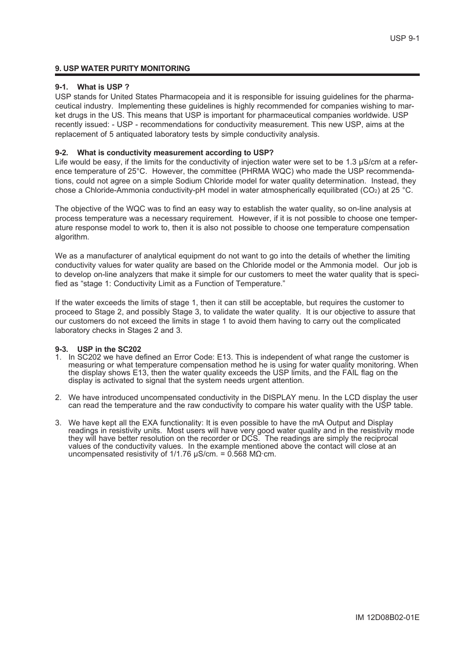 Usp water purity monitoring, 1. what is usp, 3. usp in the sc202 | Usp water purity monitoring -1, 1.what is usp ? -1, 3.usp in the sc202 -1 | Yokogawa EXA SC202 2-Wire Conductivity Transmitter/Analyzer User Manual | Page 72 / 113