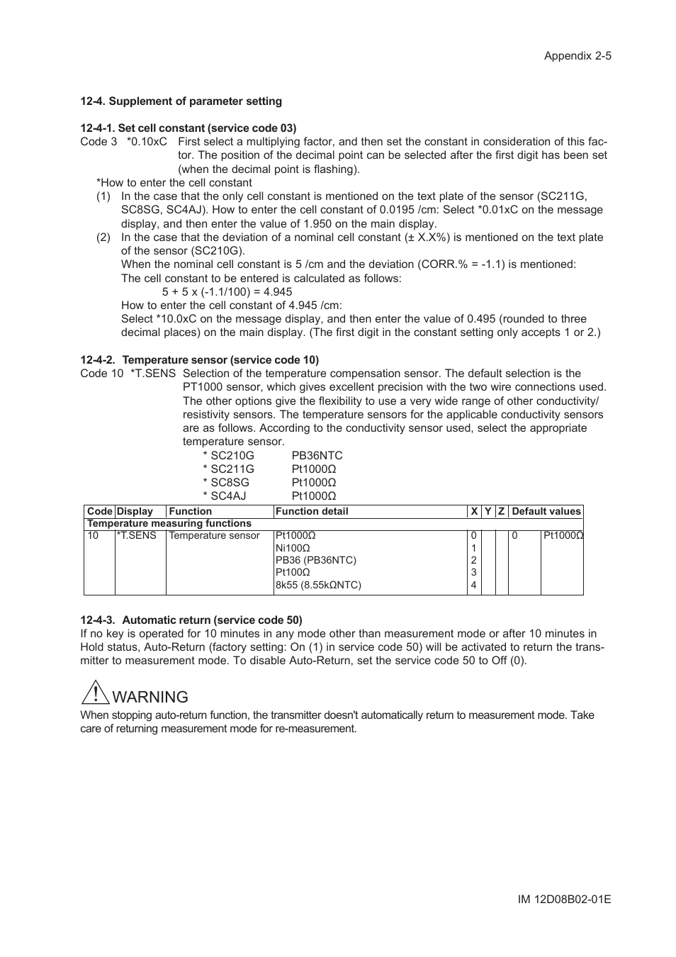 4. supplement of parameter setting, 4-1. set cell constant (service code 03), 4-2. temperature sensor (service code 10) | 4-3. automatic return (service code 50), Warning | Yokogawa EXA SC202 2-Wire Conductivity Transmitter/Analyzer User Manual | Page 87 / 113