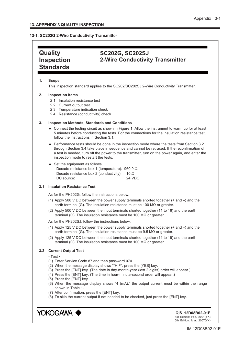 Appendix 3 quality inspection, 1. sc202g 2-wire conductivity transmitter, Quality inspection standards | Yokogawa EXA SC202 2-Wire Conductivity Transmitter/Analyzer User Manual | Page 89 / 113