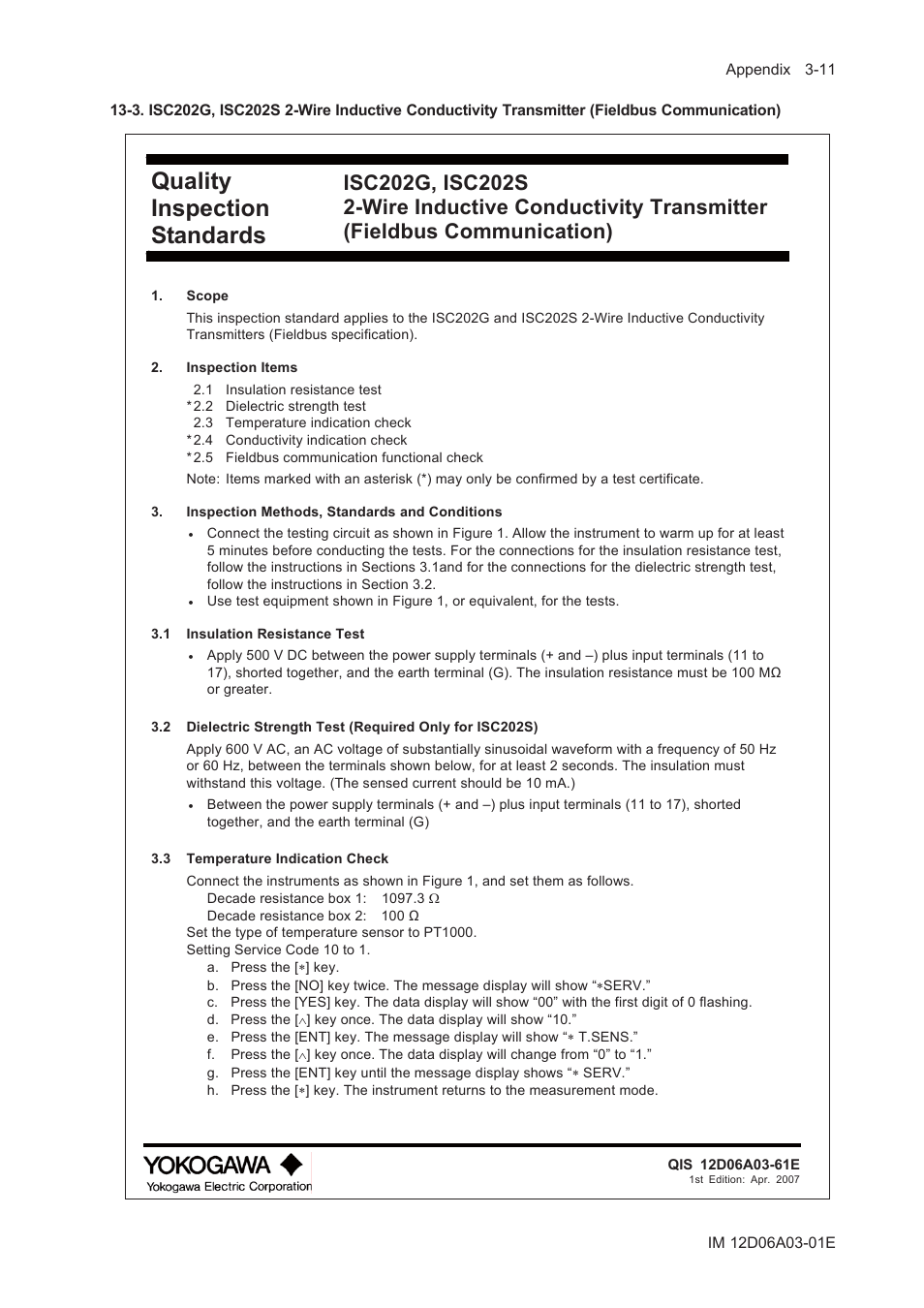 Quality inspection standards | Yokogawa EXA ISC202 2-wire Conductivity Transmitter/Analyzer User Manual | Page 103 / 119