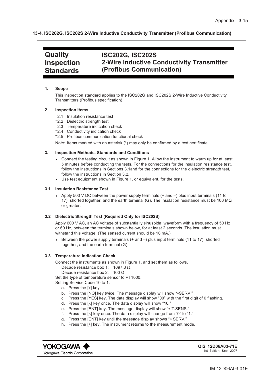 Quality inspection standards | Yokogawa EXA ISC202 2-wire Conductivity Transmitter/Analyzer User Manual | Page 107 / 119