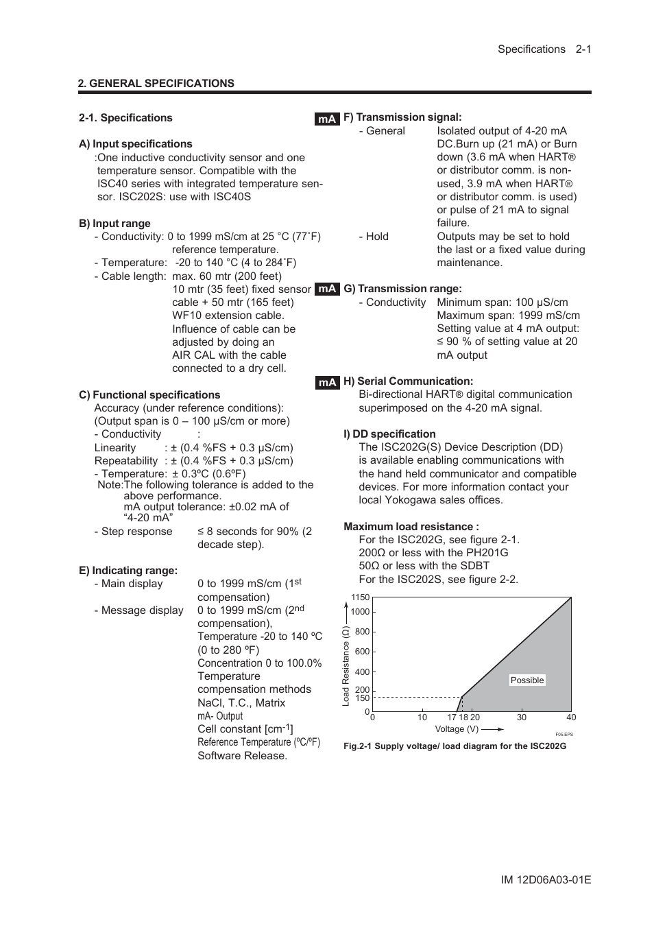 General specifications, 1. specifications, General specifications -1 | 1. specifications -1 | Yokogawa EXA ISC202 2-wire Conductivity Transmitter/Analyzer User Manual | Page 13 / 119