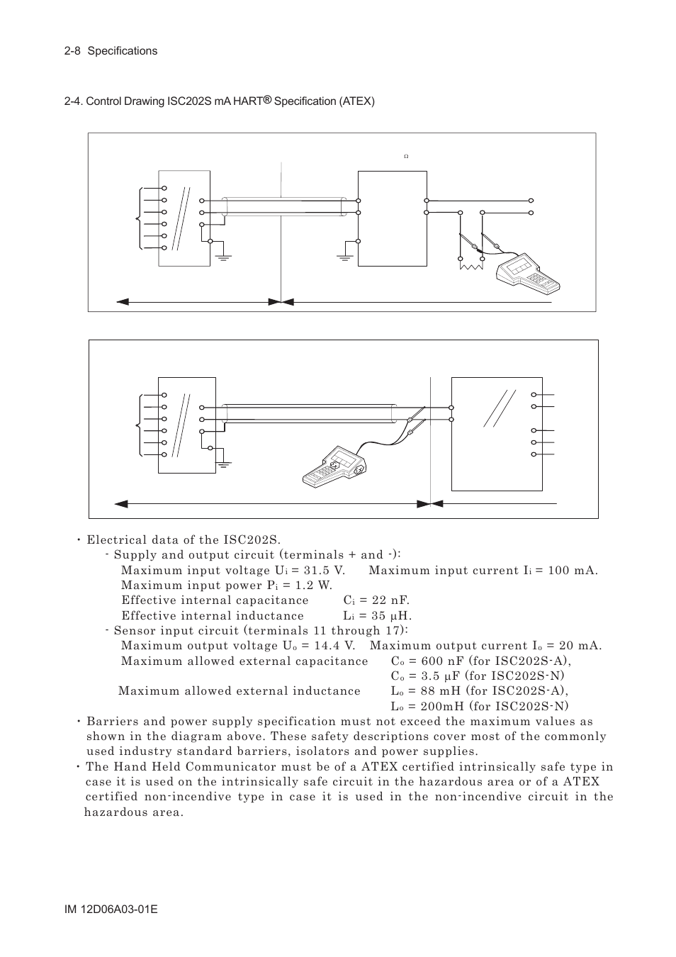 5. control drawing isc202s ma hart® specification, Fm intrinsically safe design) -9, 5 v. maximum input current i | 100 ma. maximum input power p, 2 w. effective internal capacitance c, 22 nf. effective internal inductance l, 4 v. maximum output current i, 20 ma. maximum allowed external capacitance c | Yokogawa EXA ISC202 2-wire Conductivity Transmitter/Analyzer User Manual | Page 20 / 119