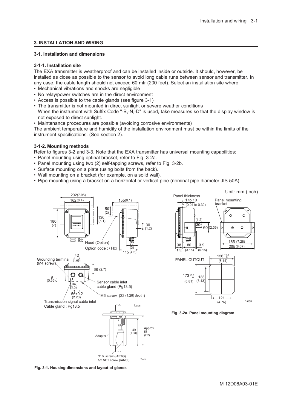 Installation and wiring, 1. installation and dimensions, 1-1. installation site | 1-2. mounting methods, Installation and wiring -1, 1. installation and dimensions -1, 1-1. installation site -1, 1-2. mounting methods -1, Unit: mm (inch) | Yokogawa EXA ISC202 2-wire Conductivity Transmitter/Analyzer User Manual | Page 33 / 119