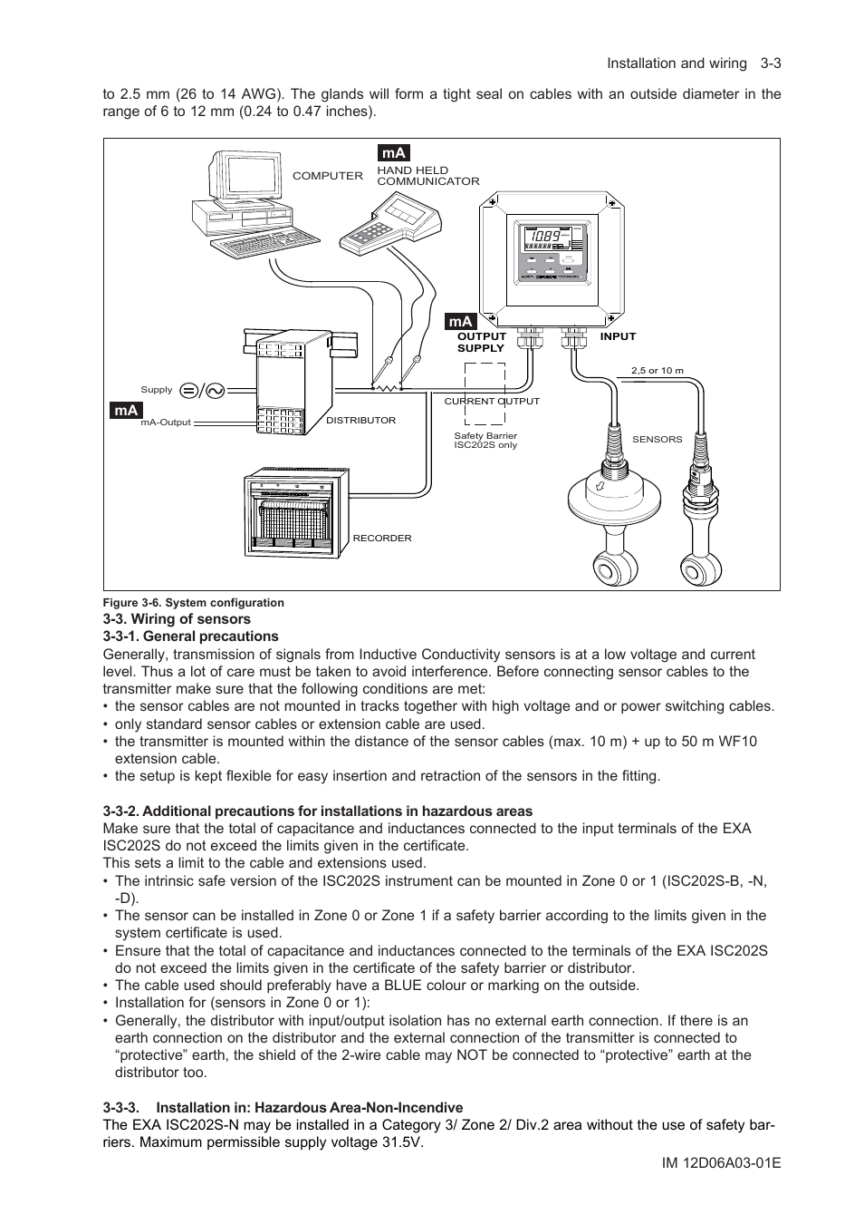 3. wiring of sensors, 3-1. general precautions, 3-3. installation in: hazardous area-non-incendive | 3. wiring of sensors -3, 3-1. general precautions -3 | Yokogawa EXA ISC202 2-wire Conductivity Transmitter/Analyzer User Manual | Page 35 / 119