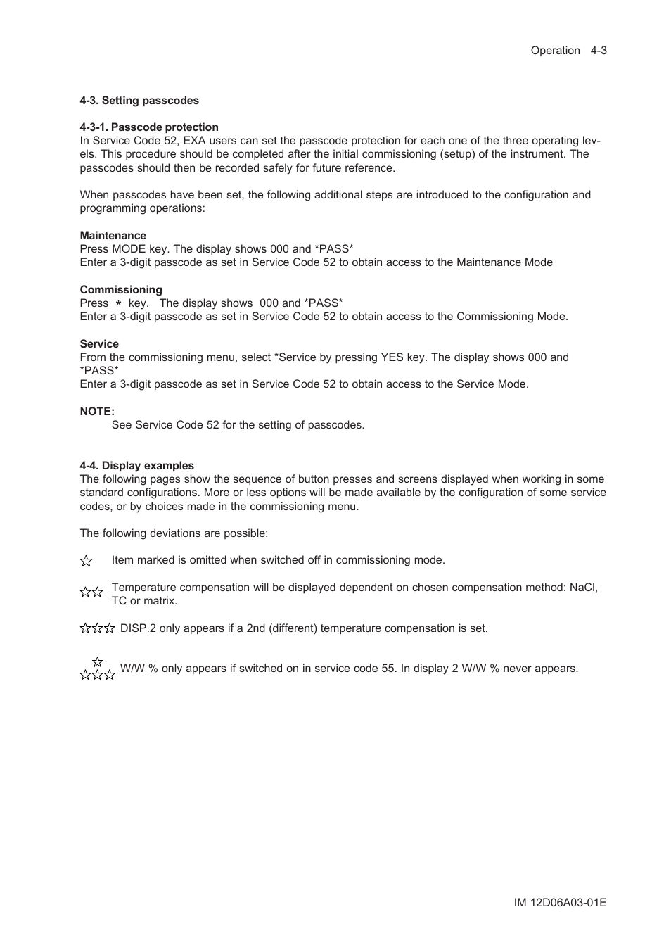 3. setting passcodes, 3-1. passcode protection, 4. display examples | 3. setting passcodes -3, 3-1. passcode protection -3, 4. display examples -3 | Yokogawa EXA ISC202 2-wire Conductivity Transmitter/Analyzer User Manual | Page 41 / 119