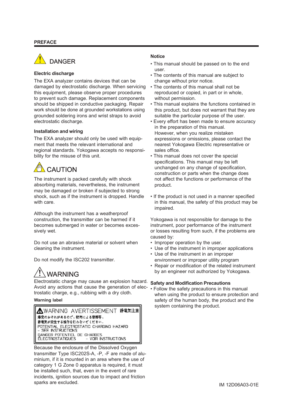 Preface, Caution, Caution warning warning | Danger | Yokogawa EXA ISC202 2-wire Conductivity Transmitter/Analyzer User Manual | Page 5 / 119