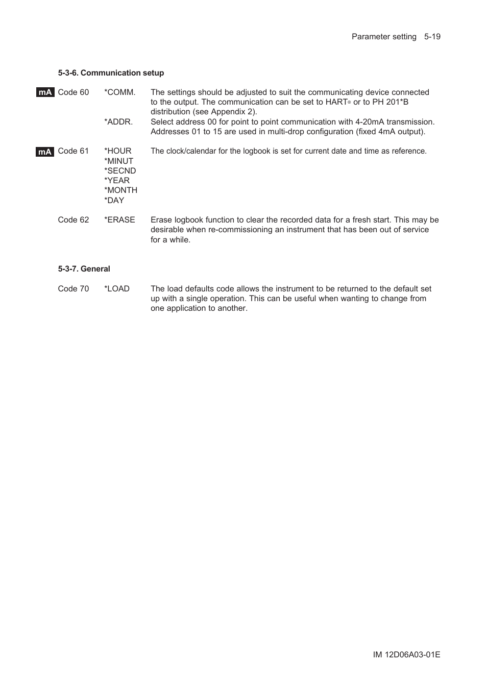 3-6. communication setup, 3-7. general, 3-6. communication setup -19 | 3-7. general -19 | Yokogawa EXA ISC202 2-wire Conductivity Transmitter/Analyzer User Manual | Page 61 / 119