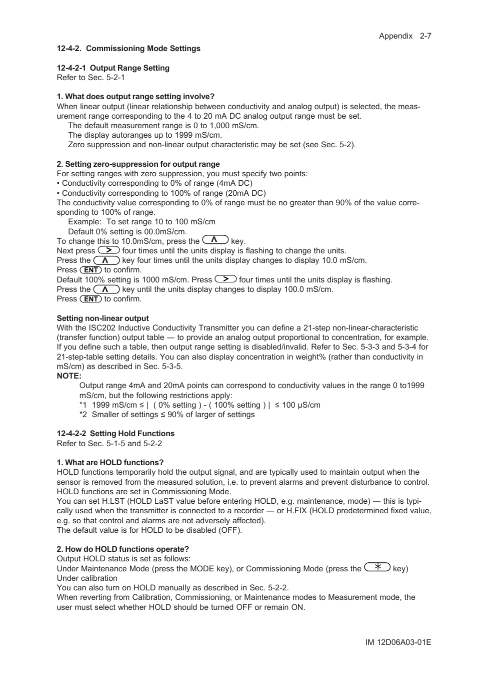 4-2. commissioning mode settings, 4-2-1 output range setting, 4-2-2 setting hold functions | Yokogawa EXA ISC202 2-wire Conductivity Transmitter/Analyzer User Manual | Page 79 / 119