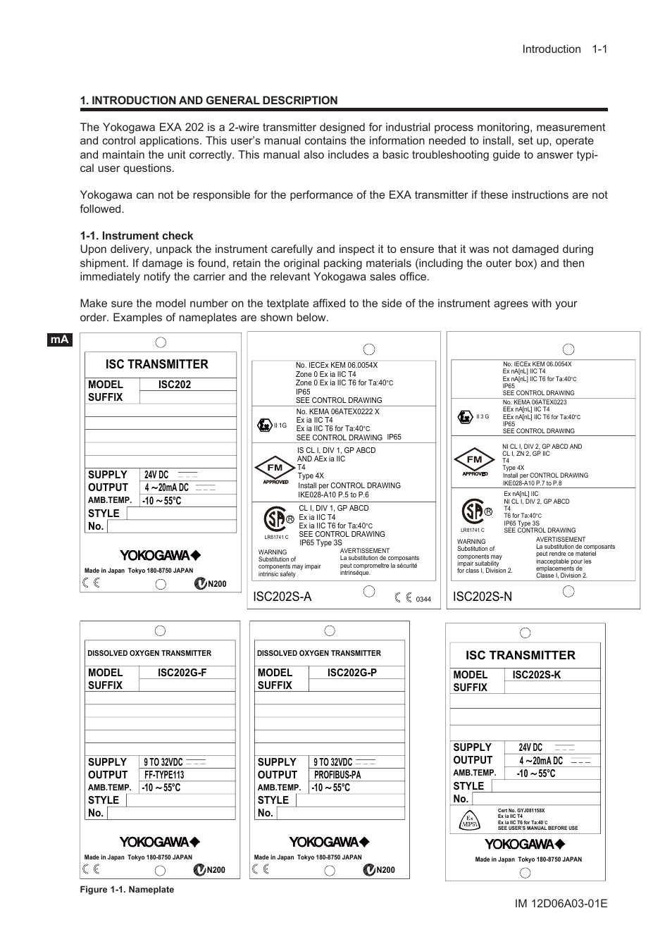 Introduction and general description, 1. instrument check, Introduction and general description -1 | 1. instrument check -1, Isc202s-n, Isc202s-a, Isc transmitter | Yokogawa EXA ISC202 2-wire Conductivity Transmitter/Analyzer User Manual | Page 9 / 119