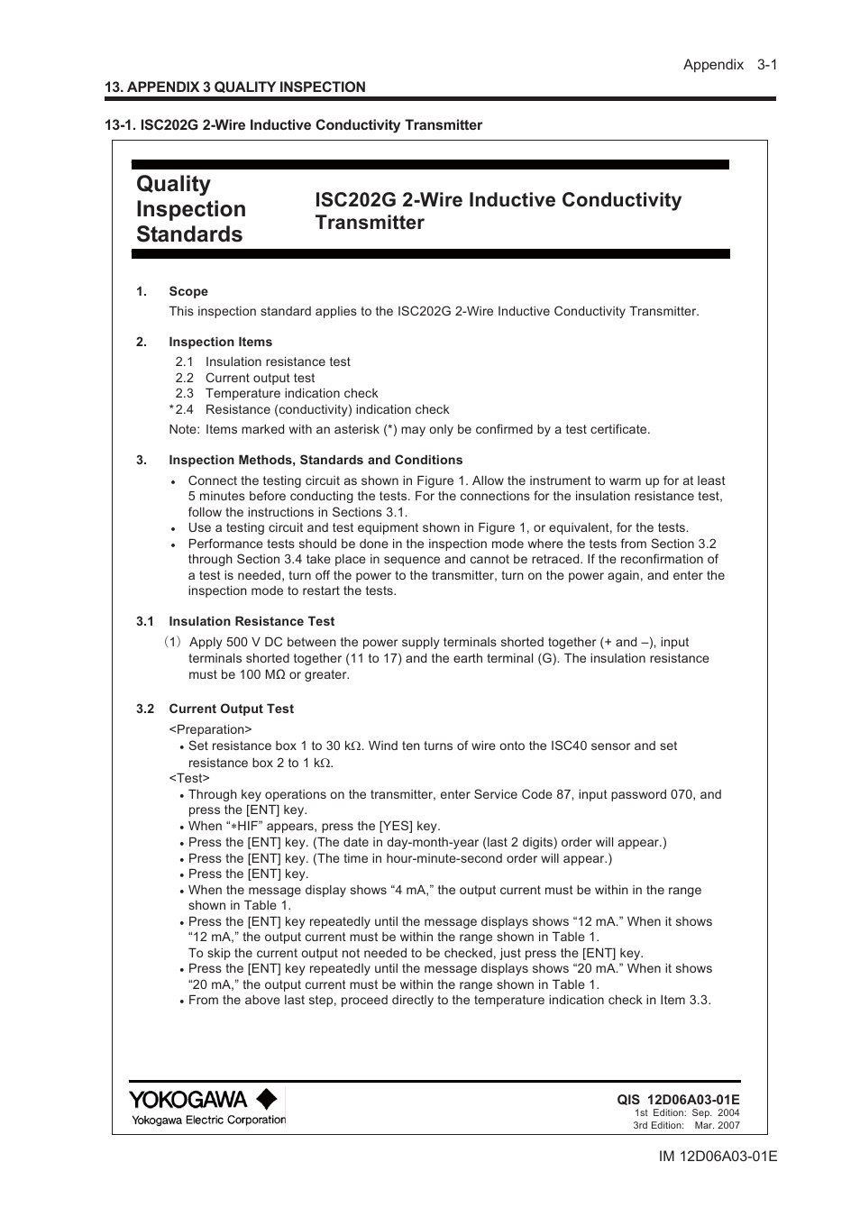 Appendix 3 quality inspection, Quality inspection standards, Isc202g 2-wire inductive conductivity transmitter | Yokogawa EXA ISC202 2-wire Conductivity Transmitter/Analyzer User Manual | Page 93 / 119