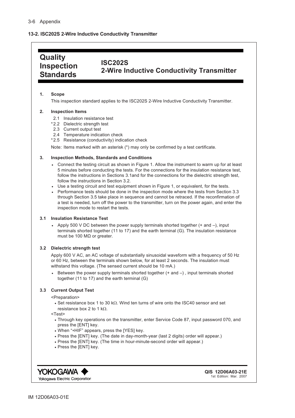 Quality inspection standards, Isc202s 2-wire inductive conductivity transmitter | Yokogawa EXA ISC202 2-wire Conductivity Transmitter/Analyzer User Manual | Page 98 / 119