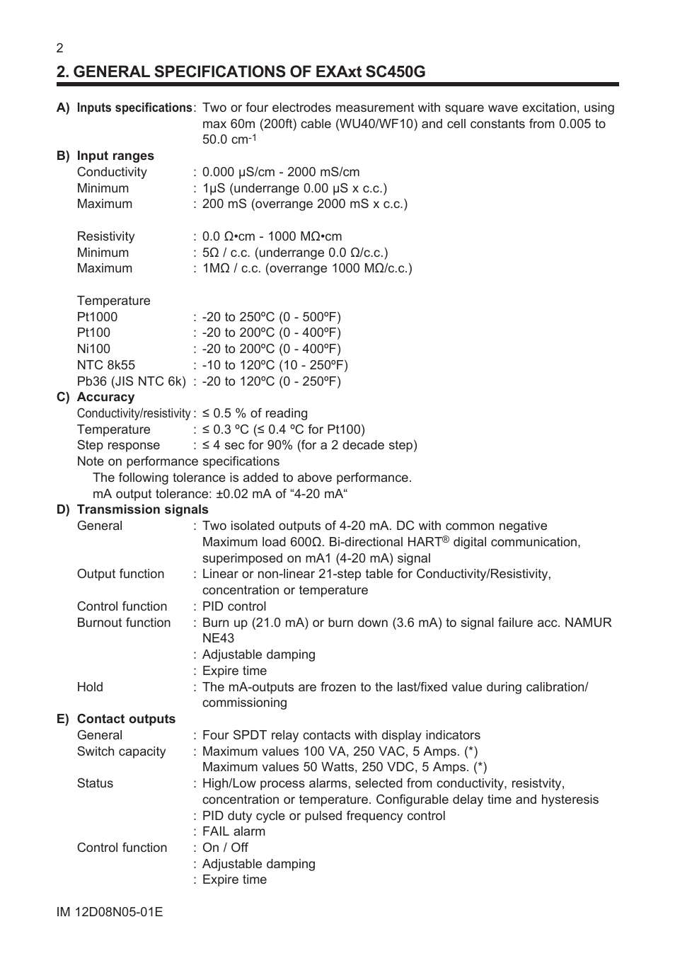 General specifications of exaxt sc450g | Yokogawa EXAxt SC450 4-Wire Analyzer for Conductivity/Resistivity User Manual | Page 10 / 71