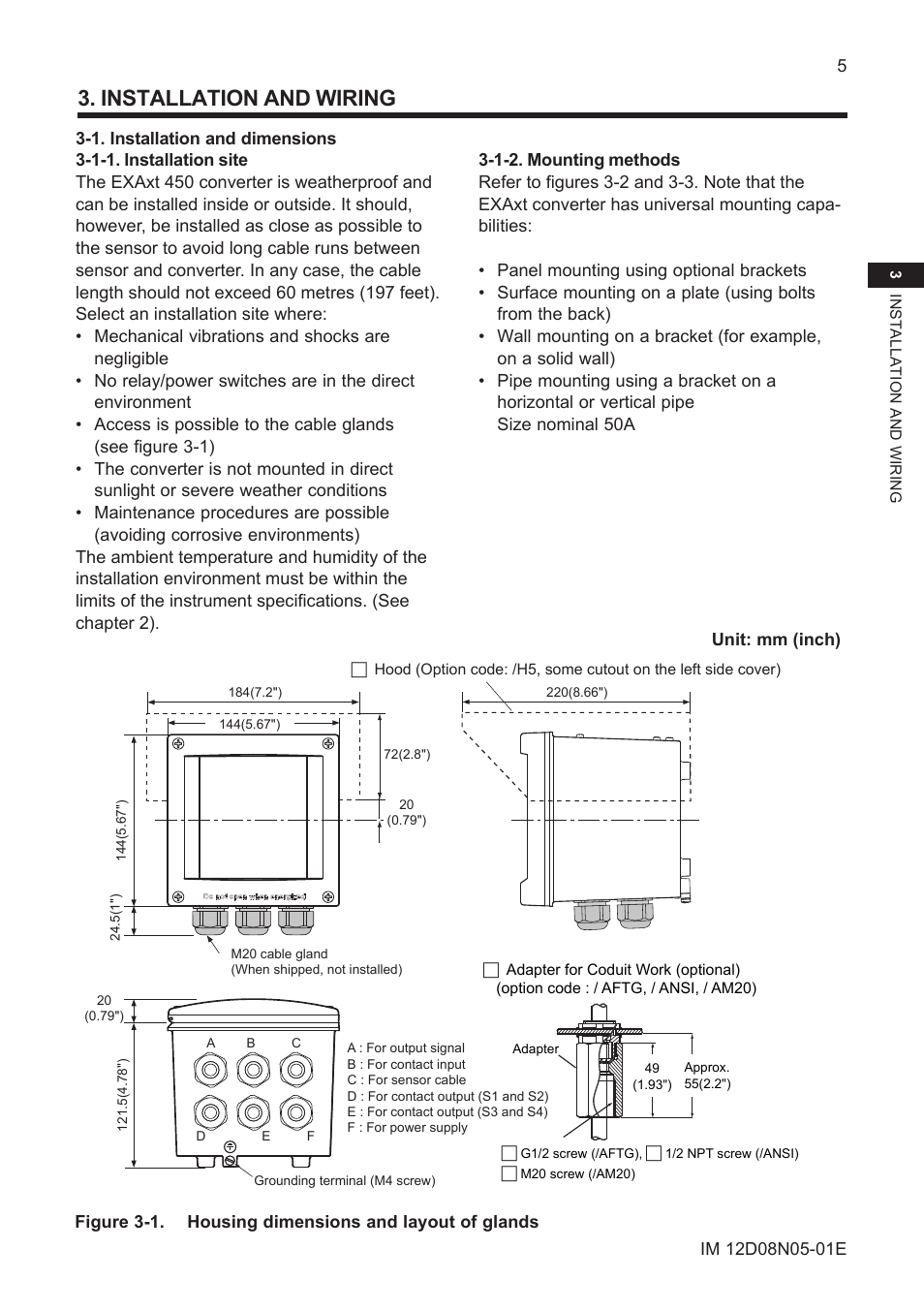 Installation and wiring, 1. installation and dimensions, 1-1. installation site | 1-2. mounting methods | Yokogawa EXAxt SC450 4-Wire Analyzer for Conductivity/Resistivity User Manual | Page 13 / 71