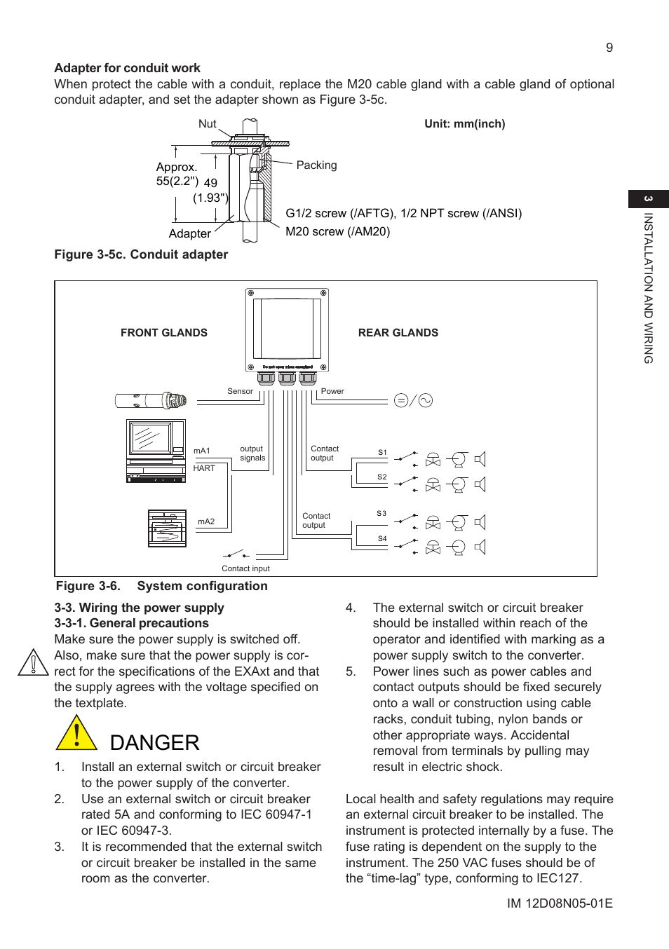 3. wiring the power supply, 3-1. general precautions, Danger | Yokogawa EXAxt SC450 4-Wire Analyzer for Conductivity/Resistivity User Manual | Page 17 / 71