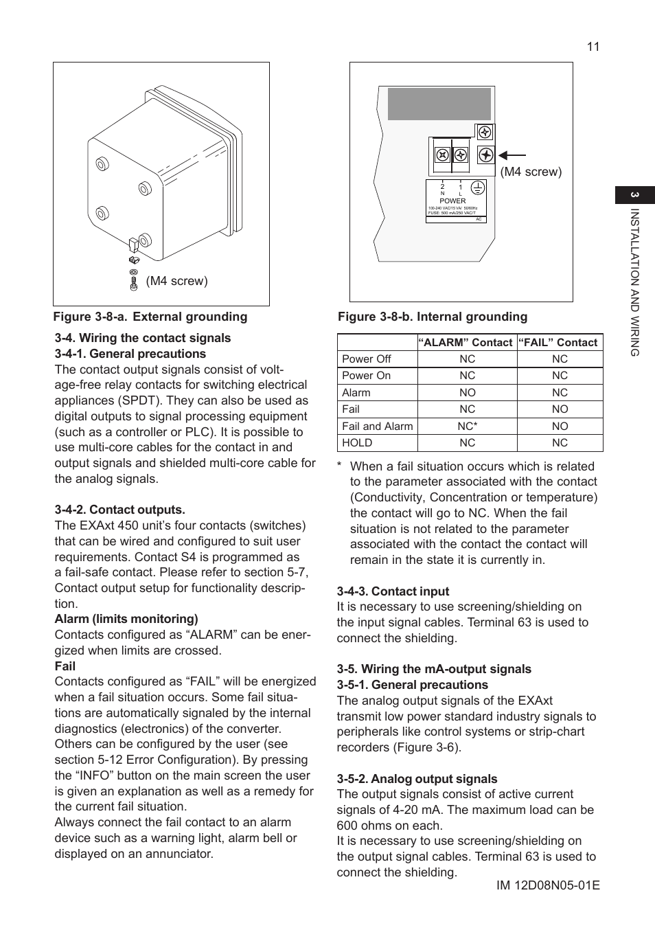 4. wiring the contact signals, 4-1. general precautions, 4-2. contact outputs | 4-3. contact input, 5. wiring the ma-output signals, 5-1. general precautions, 5-2. analog output signals | Yokogawa EXAxt SC450 4-Wire Analyzer for Conductivity/Resistivity User Manual | Page 19 / 71