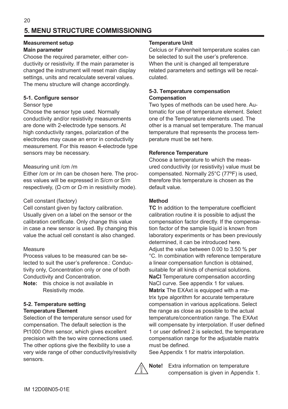 Menu structure commissioning, 1. configure sensor, 2. temperature setting | 3. temperature compensation | Yokogawa EXAxt SC450 4-Wire Analyzer for Conductivity/Resistivity User Manual | Page 28 / 71