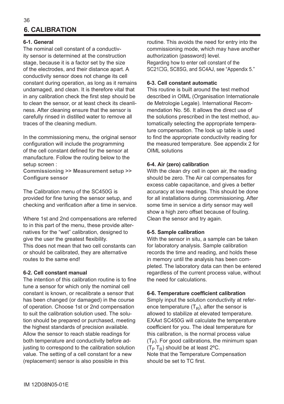 Calibration, 1. general, 2. cell constant manual | 3. cell constant automatic, 4. air (zero) calibration, 5. sample calibration, 6. temperature coefficient calibration | Yokogawa EXAxt SC450 4-Wire Analyzer for Conductivity/Resistivity User Manual | Page 44 / 71