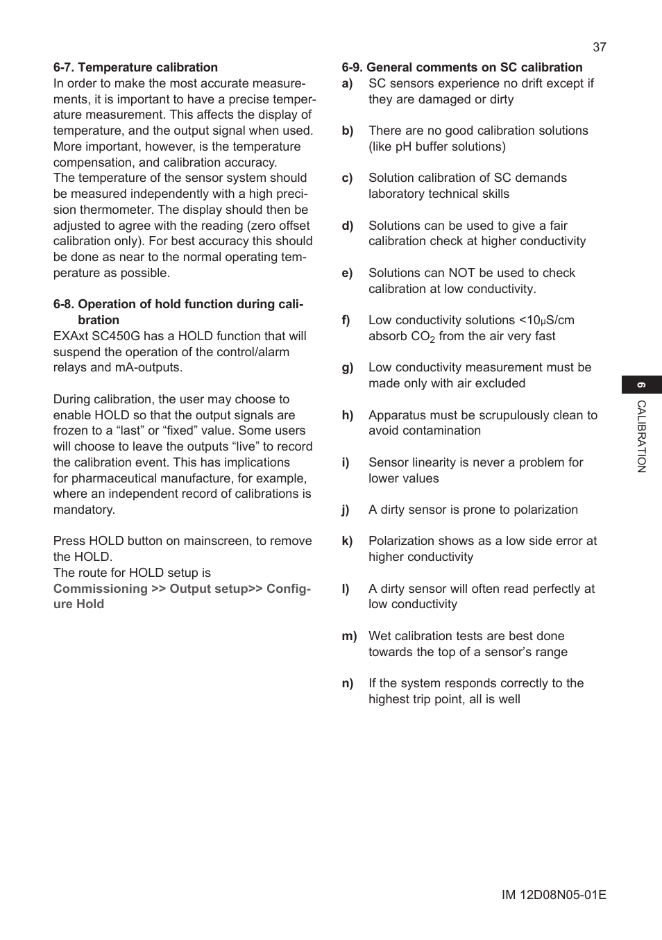 7. temperature calibration, 8. operation of hold function during calibration, 9. general comments on sc calibration | 8. operation of hold function during calibration | Yokogawa EXAxt SC450 4-Wire Analyzer for Conductivity/Resistivity User Manual | Page 45 / 71