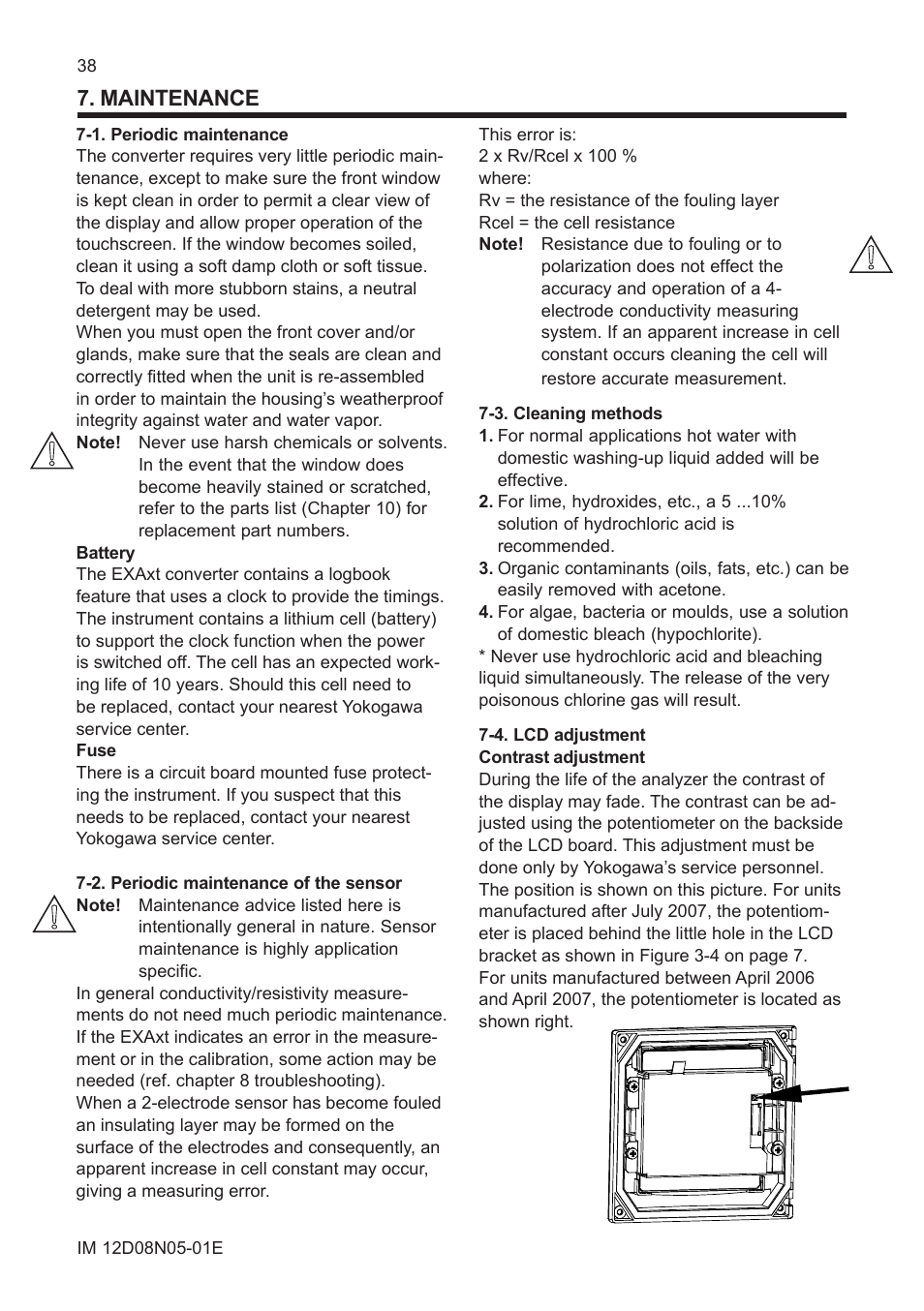 Maintenance, 1. periodic maintenance, 2. periodic maintenance of the sensor | 3. cleaning methods, 4. lcd adjustment | Yokogawa EXAxt SC450 4-Wire Analyzer for Conductivity/Resistivity User Manual | Page 46 / 71