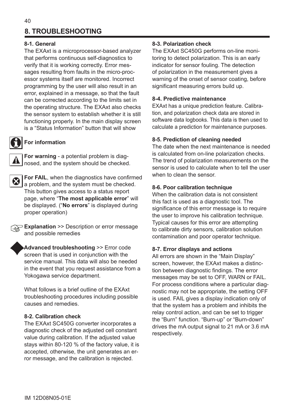 Troubleshooting, 1. general, 2. calibration check | 3. polarization check, 5. prediction of cleaning needed, 6. poor calibration technique, 7. error displays and actions | Yokogawa EXAxt SC450 4-Wire Analyzer for Conductivity/Resistivity User Manual | Page 48 / 71