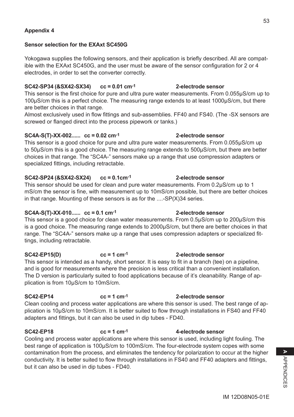 Appendix 4, Sensor selection for the exaxt sc450g, Appendix 4, sensor selection for the exaxt sc450g | Yokogawa EXAxt SC450 4-Wire Analyzer for Conductivity/Resistivity User Manual | Page 61 / 71