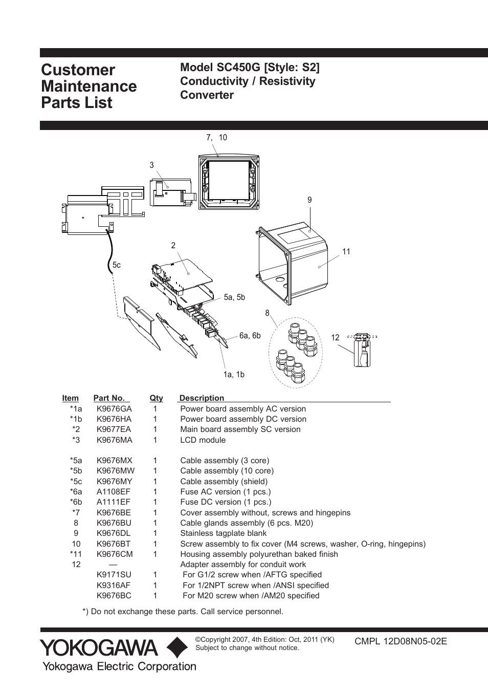 Cmpl, Customer maintenance parts list | Yokogawa EXAxt SC450 4-Wire Analyzer for Conductivity/Resistivity User Manual | Page 69 / 71