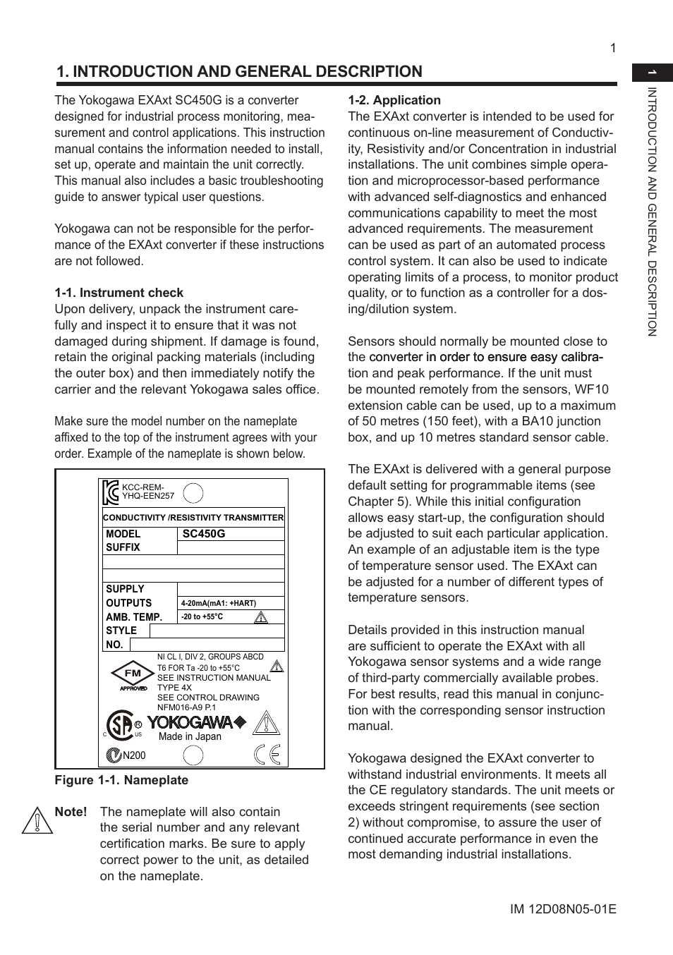 Introduction and general description, 1. instrument check, 2. application | Yokogawa EXAxt SC450 4-Wire Analyzer for Conductivity/Resistivity User Manual | Page 9 / 71