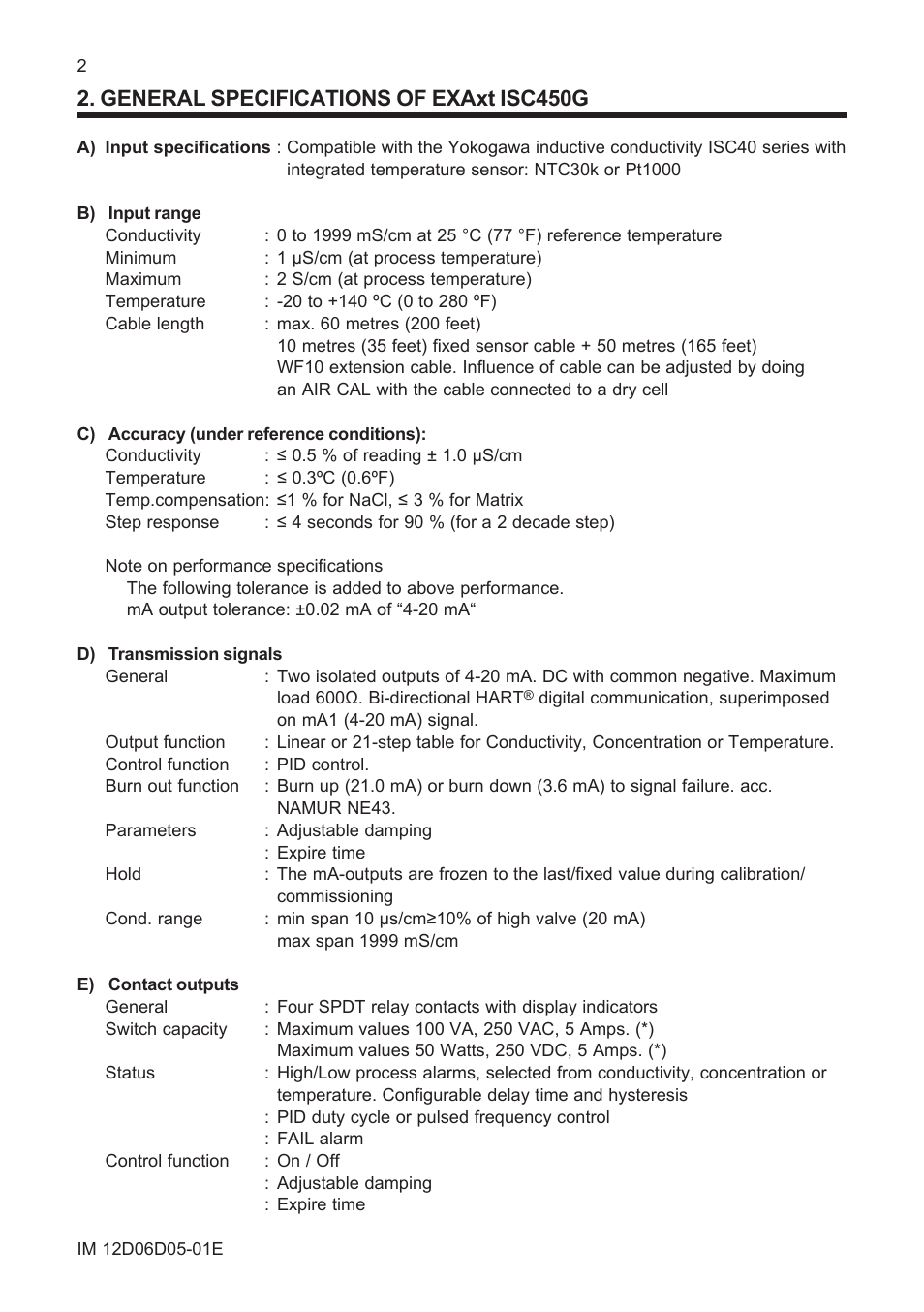 General specifications of exaxt isc450g | Yokogawa ISC450 4-Wire Analyzer for Inductive Conductivity User Manual | Page 10 / 69