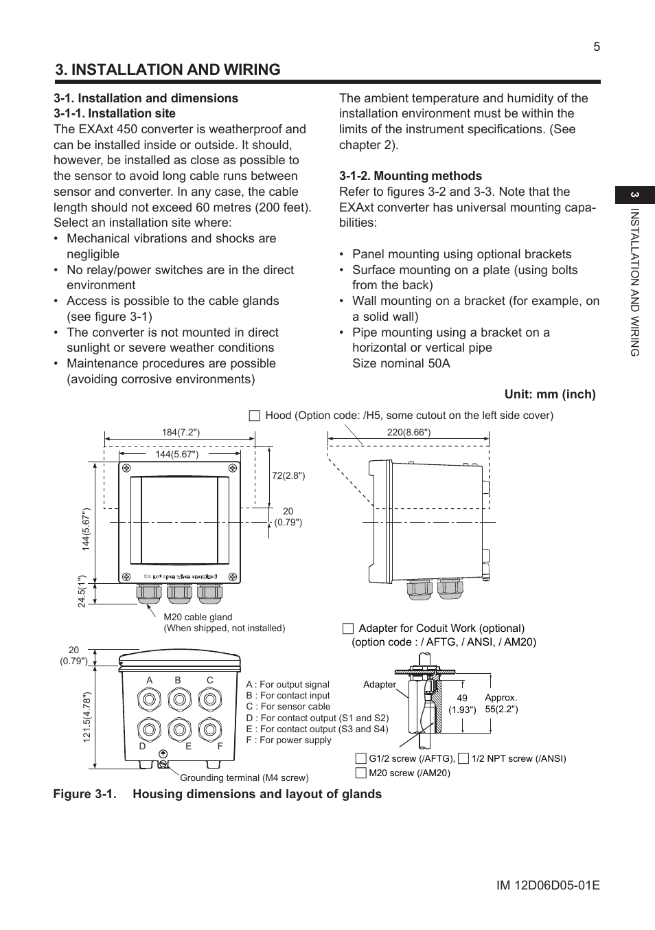 Installation and wiring, 1. installation and dimensions, 1-1. installation site | 1-2. mounting methods | Yokogawa ISC450 4-Wire Analyzer for Inductive Conductivity User Manual | Page 13 / 69