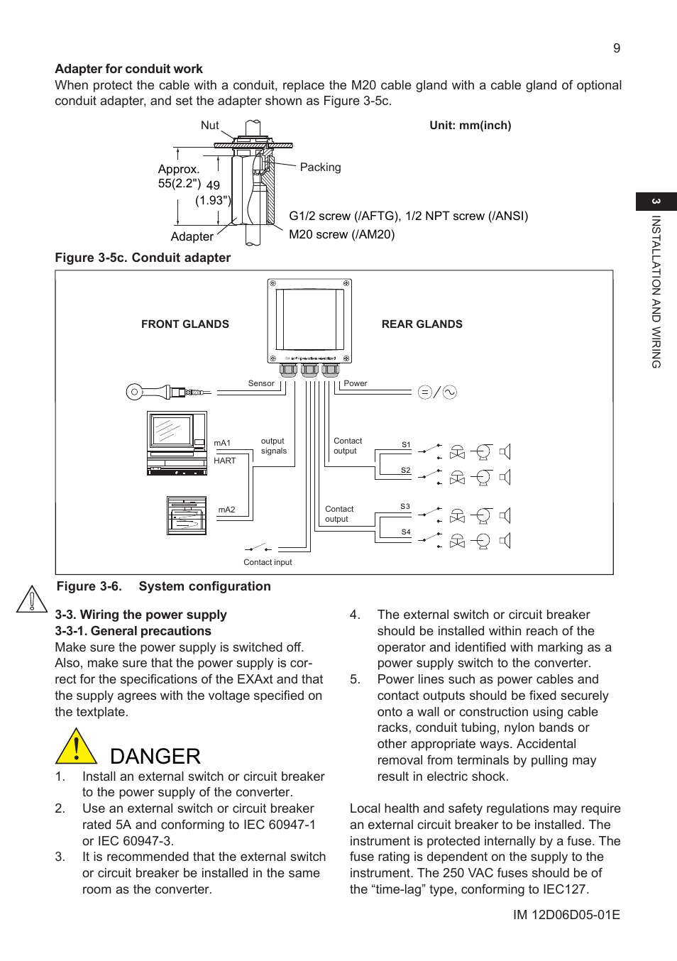 3. wiring the power supply, 3-1. general precautions, Danger | Yokogawa ISC450 4-Wire Analyzer for Inductive Conductivity User Manual | Page 17 / 69