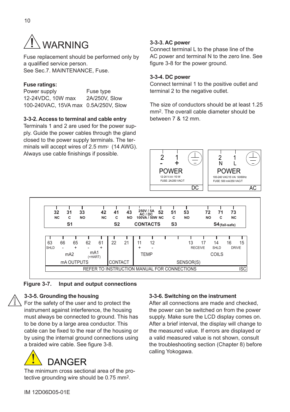 3-2. access to terminal and cable entry, 3-3. ac power, 3-4. dc power | 3-5. grounding the housing, 3-6. switching on the instrument, Warning, Danger, Power | Yokogawa ISC450 4-Wire Analyzer for Inductive Conductivity User Manual | Page 18 / 69