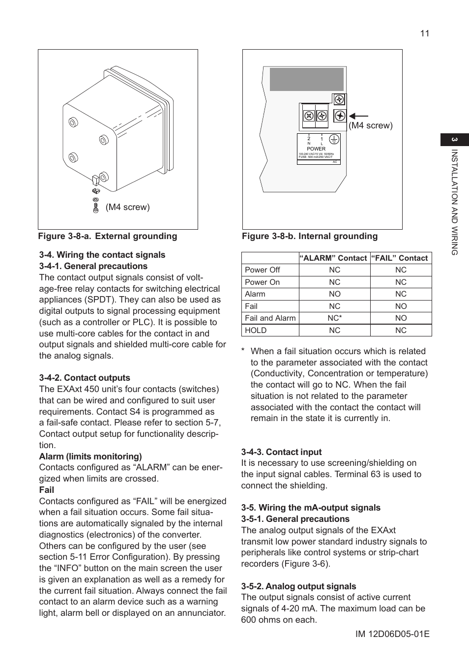 4. wiring the contact signals, 4-1. general precautions, 4-2. contact outputs | 4-3. contact input, 5. wiring the ma-output signals, 5-1. general precautions, 5-2. analog output signals | Yokogawa ISC450 4-Wire Analyzer for Inductive Conductivity User Manual | Page 19 / 69