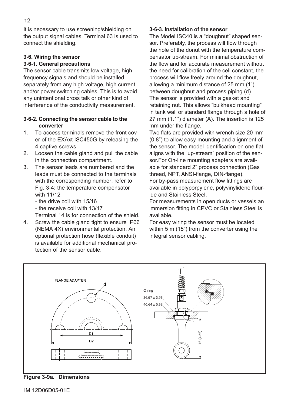 6. wiring the sensor, 6-1. general precautions, 6-2. connecting the sensor cable to the converter | 6-3. installation of the sensor | Yokogawa ISC450 4-Wire Analyzer for Inductive Conductivity User Manual | Page 20 / 69