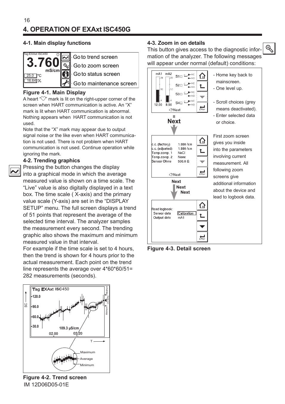 Operation of exaxt isc450g, 1. main display functions, 2. trending graphics | 3. zoom in on details, Next | Yokogawa ISC450 4-Wire Analyzer for Inductive Conductivity User Manual | Page 24 / 69