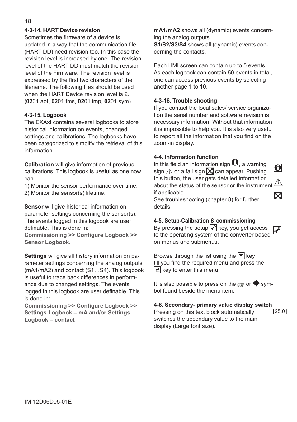 3-14. hart device revision, 3-15. logbook, 3-16. trouble shooting | 4. information function, 5. setup-calibration & commissioning, 6. secondary- primary value display switch | Yokogawa ISC450 4-Wire Analyzer for Inductive Conductivity User Manual | Page 26 / 69