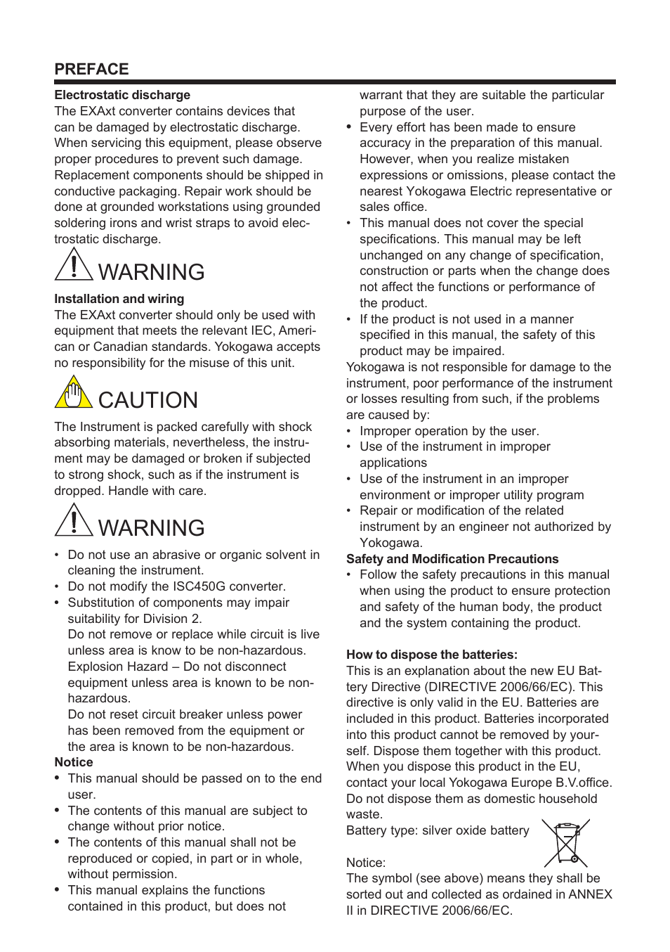 Preface, Warning, Caution | Yokogawa ISC450 4-Wire Analyzer for Inductive Conductivity User Manual | Page 3 / 69