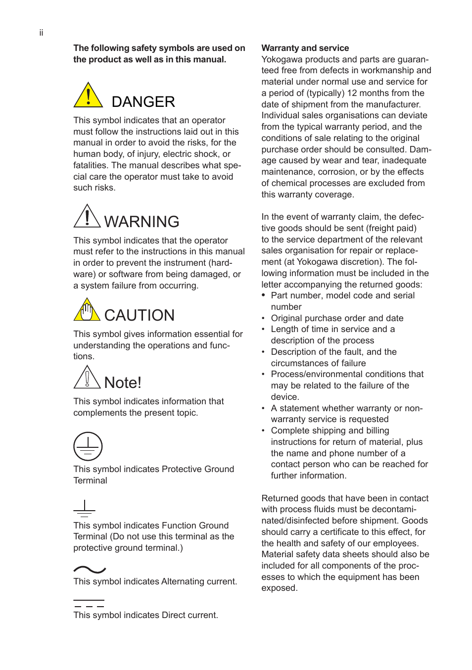 Warning, Caution, Danger | Yokogawa ISC450 4-Wire Analyzer for Inductive Conductivity User Manual | Page 4 / 69