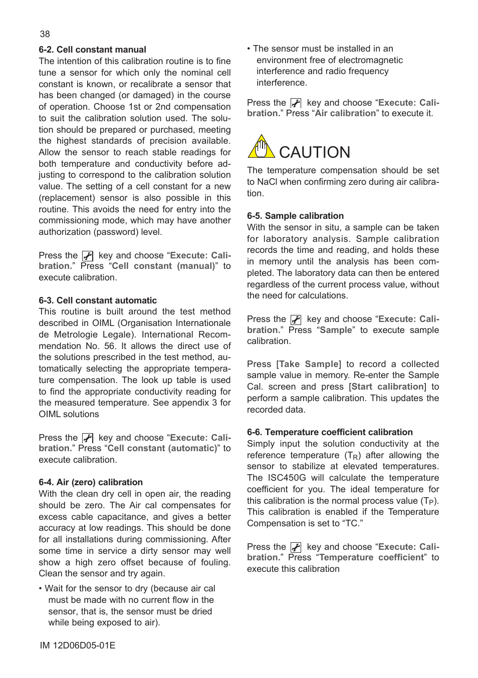 2. cell constant manual, 3. cell constant automatic, 4. air (zero) calibration | 5. sample calibration, 6. temperature coefficient calibration, Caution | Yokogawa ISC450 4-Wire Analyzer for Inductive Conductivity User Manual | Page 46 / 69