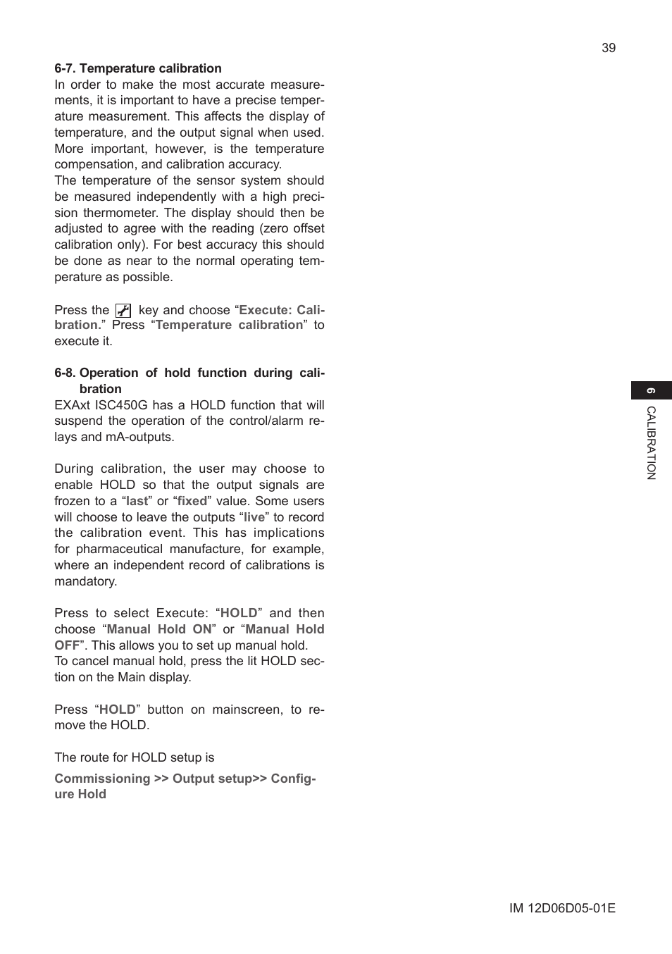 7. temperature calibration, 8. operation of hold function during calibration, 8. operation of hold function during calibration | Yokogawa ISC450 4-Wire Analyzer for Inductive Conductivity User Manual | Page 47 / 69