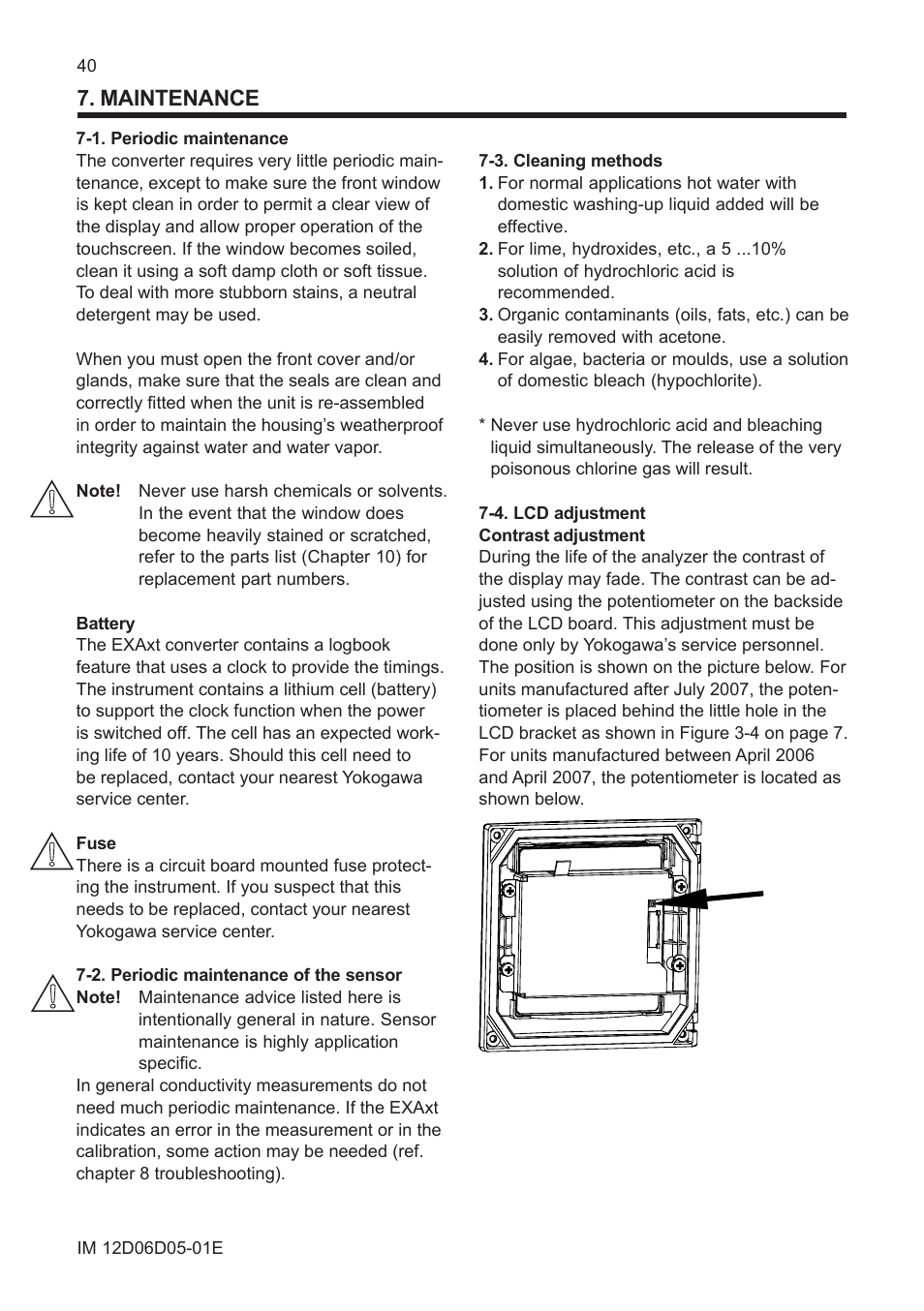 Maintenance, 1. periodic maintenance, 2. periodic maintenance of the sensor | 3. cleaning methods, 4. lcd adjustment | Yokogawa ISC450 4-Wire Analyzer for Inductive Conductivity User Manual | Page 48 / 69