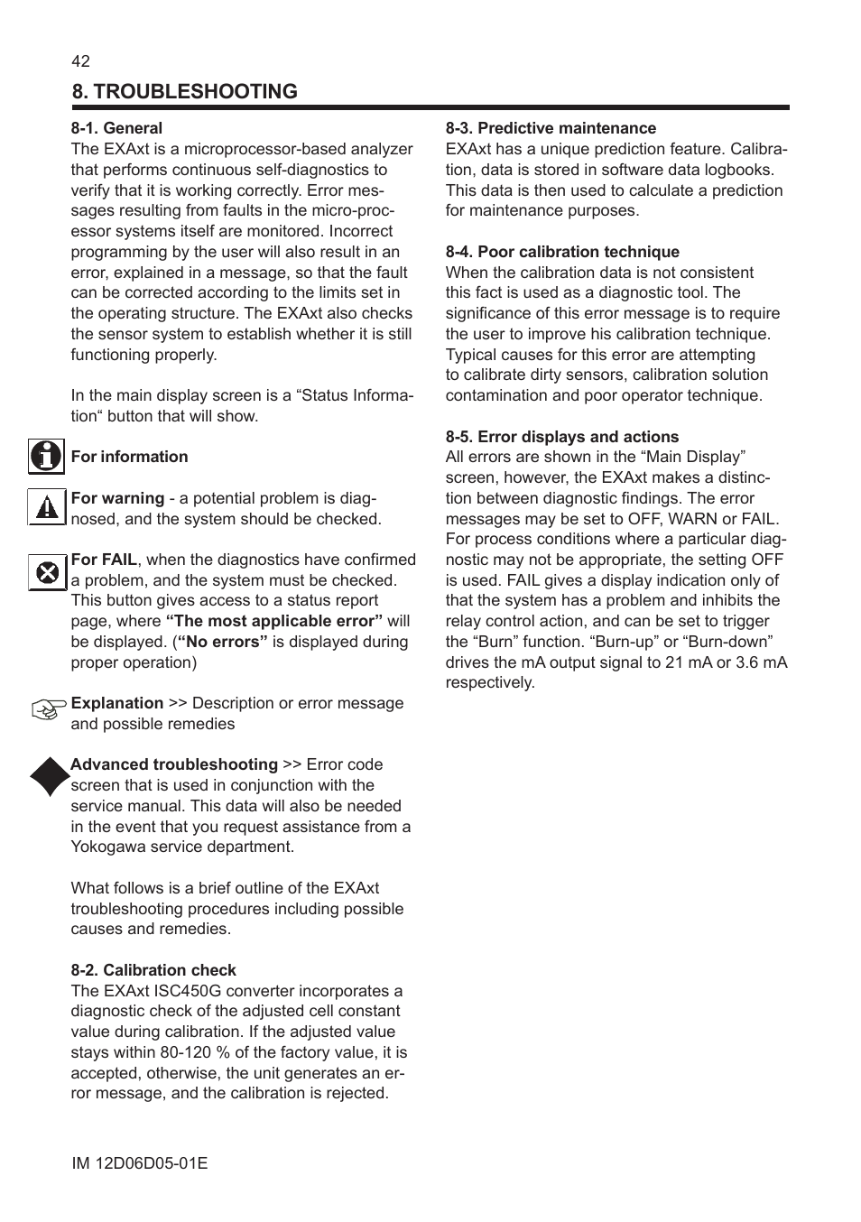 Troubleshooting, 1. general, 2. calibration check | 3. predictive maintenance, 4. poor calibration technique, 5. error displays and actions | Yokogawa ISC450 4-Wire Analyzer for Inductive Conductivity User Manual | Page 50 / 69