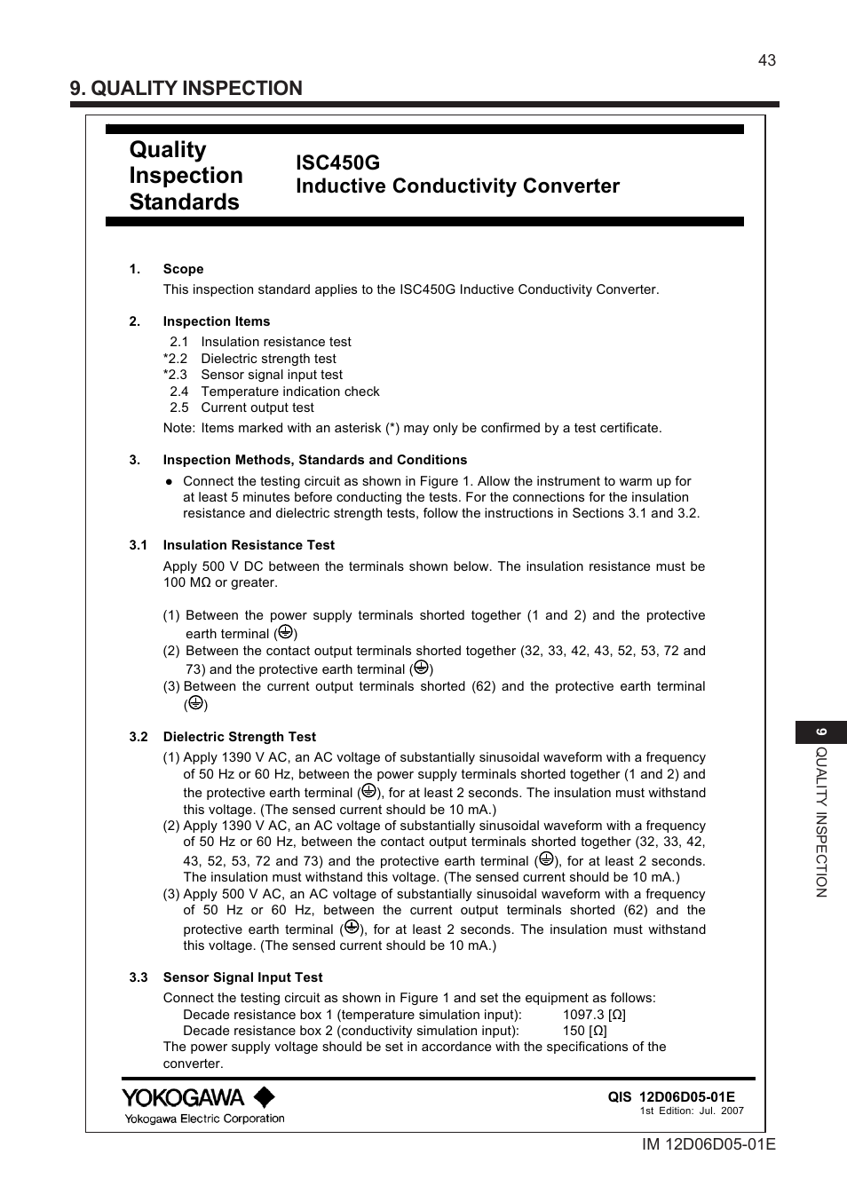 Quality inspection, Quality inspection standards, Isc450g inductive conductivity converter | Yokogawa ISC450 4-Wire Analyzer for Inductive Conductivity User Manual | Page 51 / 69