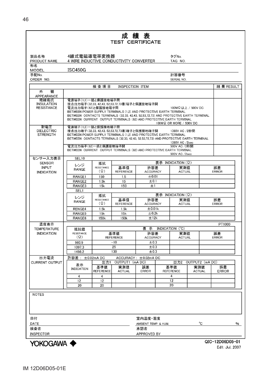 Yokogawa ISC450 4-Wire Analyzer for Inductive Conductivity User Manual | Page 54 / 69