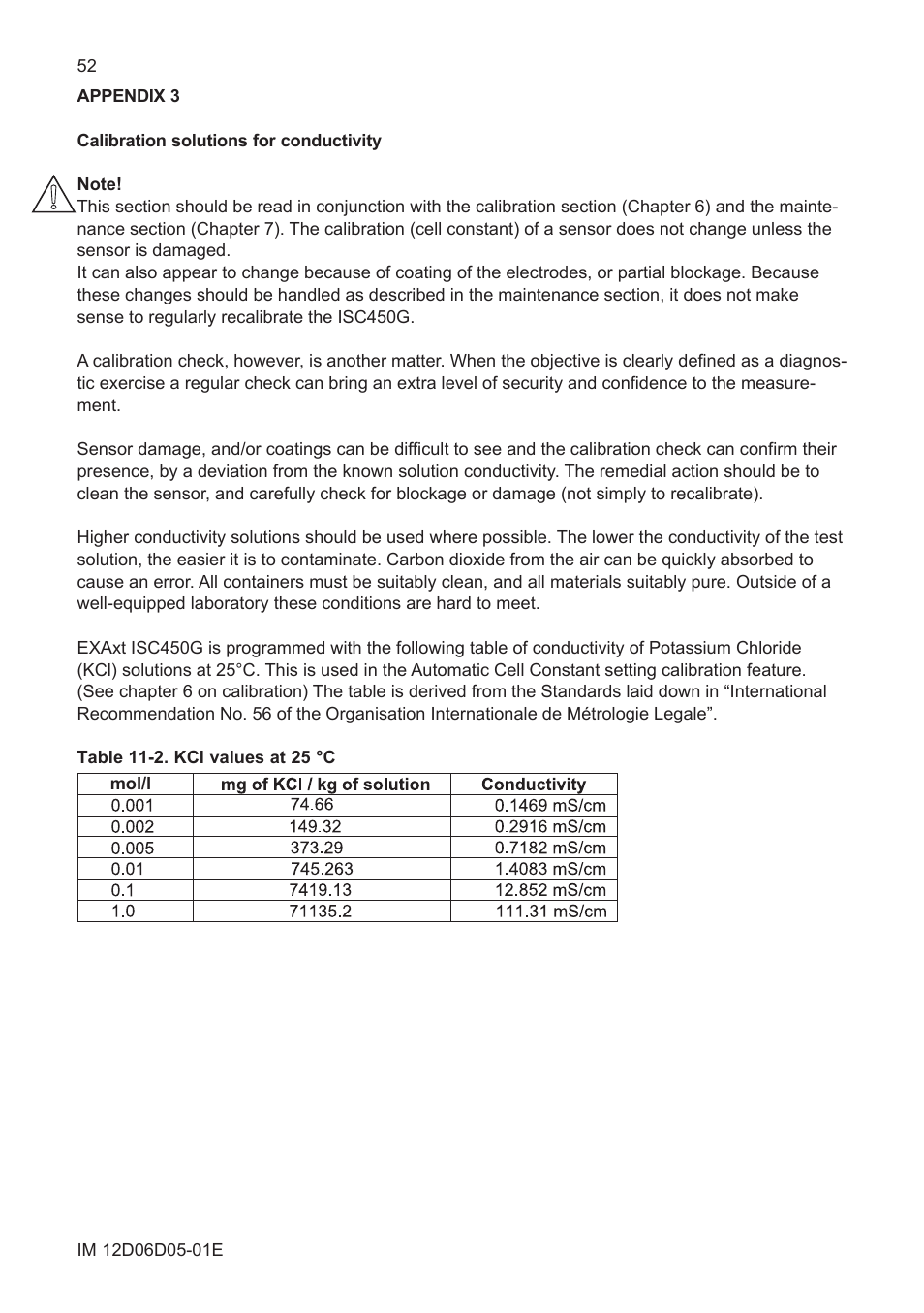 Appendix 3, Calibration solutions for conductivity, Appendix 3, calibration solutions for conductivity | Yokogawa ISC450 4-Wire Analyzer for Inductive Conductivity User Manual | Page 60 / 69