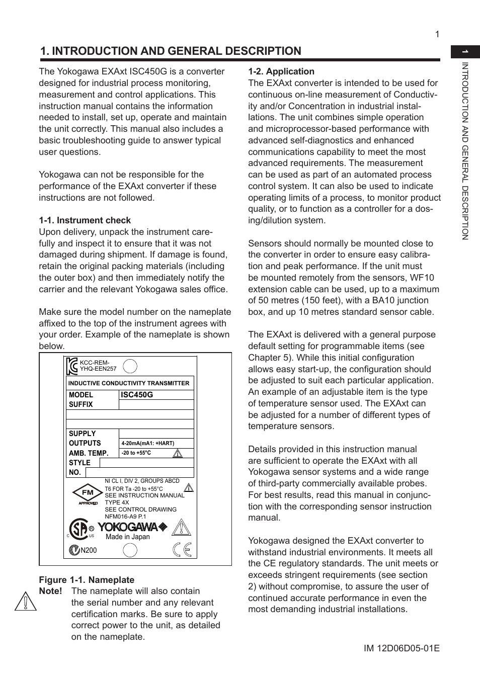 Introduction and general description, 1. instrument check, 2. application | Yokogawa ISC450 4-Wire Analyzer for Inductive Conductivity User Manual | Page 9 / 69