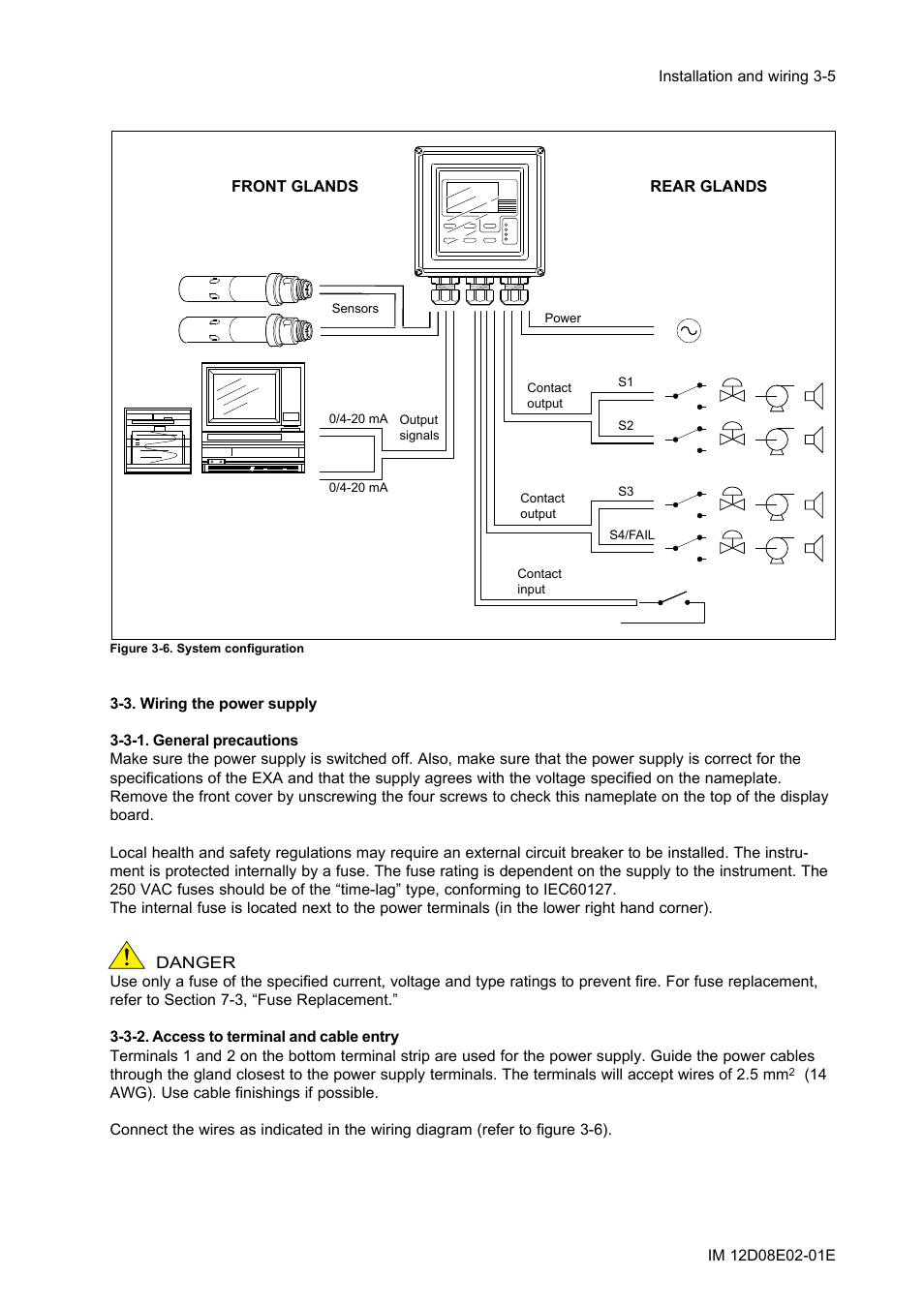 3. wiring the power supply, 3-1. general precautions, 3-2. access to terminal and cable entry | 3. wiring the power supply -5, 3-1. general precautions -5, 3-2. access to terminal and cable entry -5 | Yokogawa EXA DC402 Dual-Channel Conductivity Analyzer User Manual | Page 16 / 80