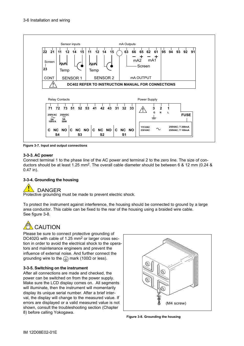 3-3. ac power, 3-4. grounding the housing, 3-5. switching on the instrument | 3-3. ac power -6, 3-4. grounding the housing -6, 3-5. switching on the instrument -6, Caution, Danger | Yokogawa EXA DC402 Dual-Channel Conductivity Analyzer User Manual | Page 17 / 80