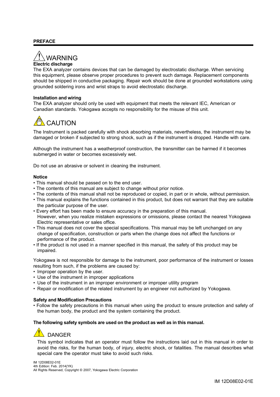 Preface, Warning caution | Yokogawa EXA DC402 Dual-Channel Conductivity Analyzer User Manual | Page 2 / 80