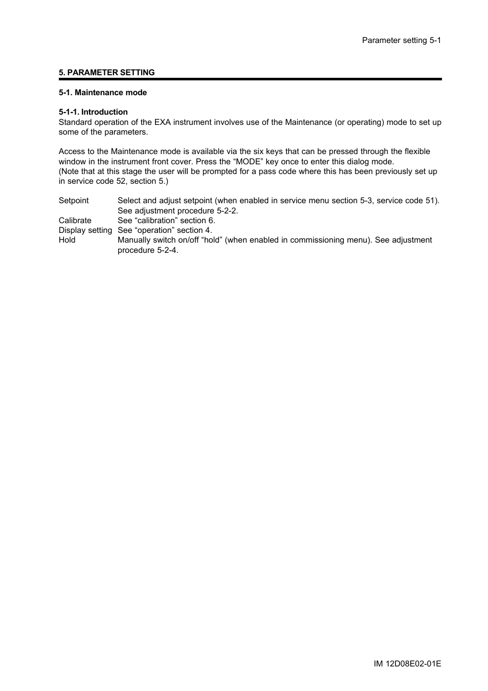 Parameter setting, 1. maintenance mode, 1-1. introduction | Parameter setting -1, 1. maintenance mode -1, 1-1. introduction -1 | Yokogawa EXA DC402 Dual-Channel Conductivity Analyzer User Manual | Page 26 / 80